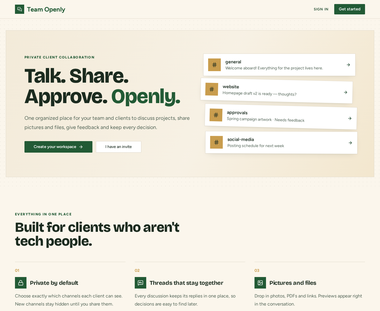 Team Openly website showing its private client collaboration and organized project channels